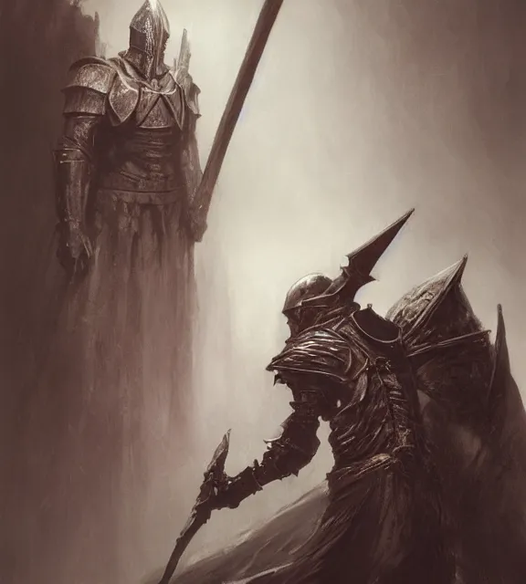 Prompt: crucible knight concept, beksinski, age of sigma art, frank franzetta, ruan jia, dark soul armor concept, trending on artstation, wayne barlowe, adrian smith fantasy art, elden ring art, the hobbit art, lord of the ring art, infinity blade armor