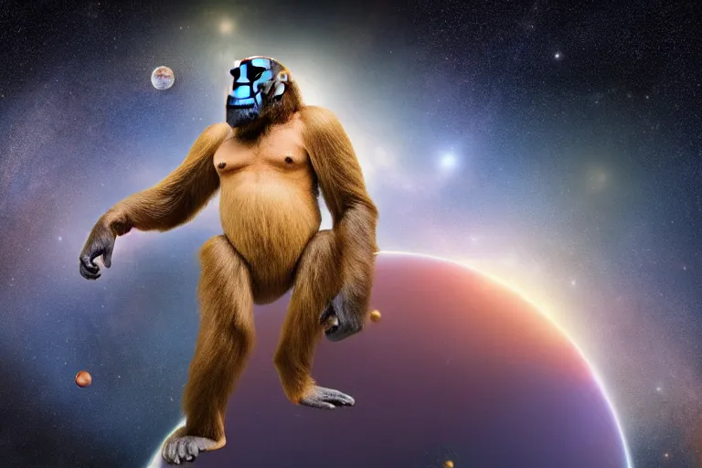 Prompt: one ape standing on the edge of a galaxy fill with small planets, by aivazofsky, fine detail