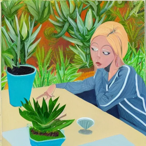 Image similar to painting by Rob Hefferans of a beautiful blonde woman with shoulder length hair in a forest green dress putting colorful succulents into rainbow pots at a square table