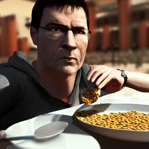 Prompt: jc denton from deus ex eats cereal at a table, liberty island, high quality, photorealistic, highly detailed face, smooth, sharp focus, 4 k, hd