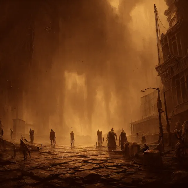 Prompt: action scene sepia painting of hell with people suffering, atmospheric lighting, brooding, painted, intricate, ultra detailed, well composed, best on artstation, cgsociety, epic, horror, stunning, gorgeous, intricate detail, much wow, masterpiece, cinematic aesthetic octane render, 8 k hd resolution,