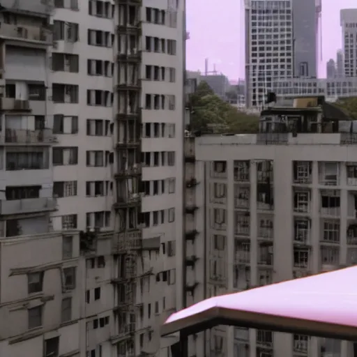 Image similar to a blonde woman wearing black with a ponytail stands on her balcony, still from urban scenes directed by Hayao Miyazaki