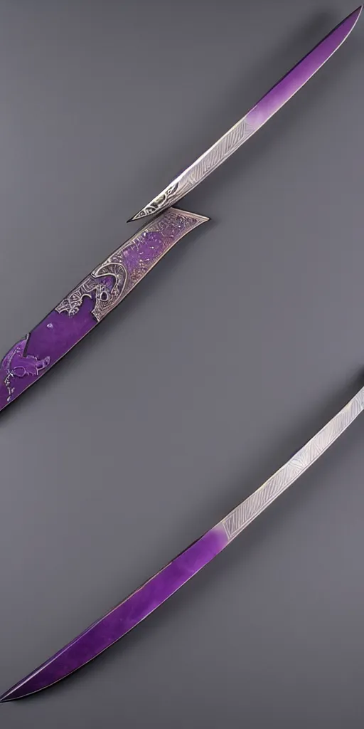 Image similar to a katana in the style of zdzisław beksinski, elegant, silver and amethyst, crescent moon motif, weapon