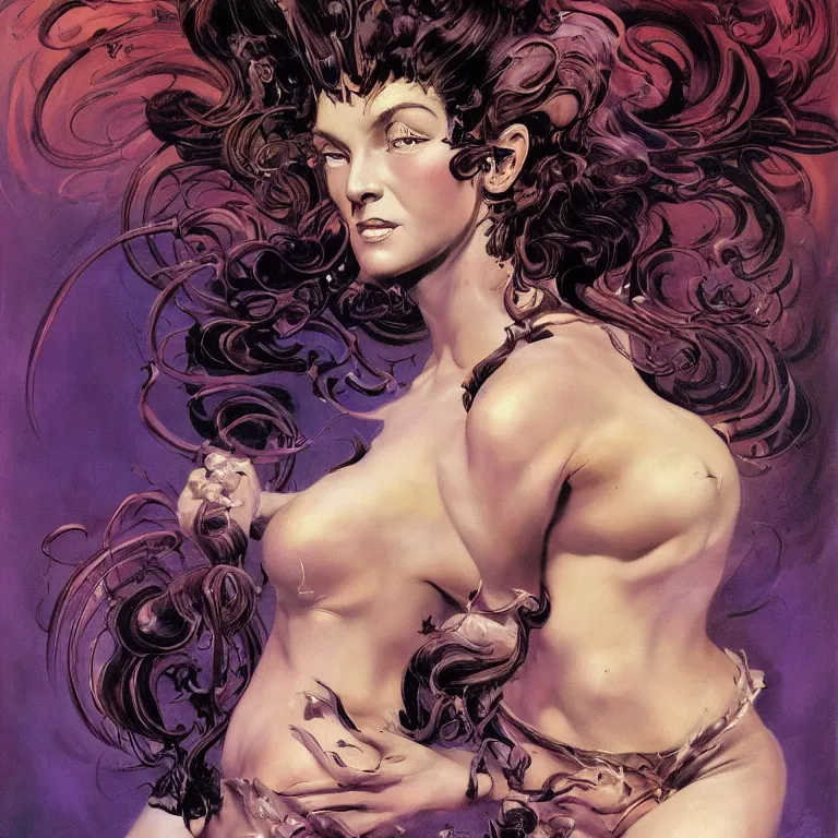 Prompt: portrait of a woman with swirling hair and fractal skin by frank frazetta, retrofuturism, psychedelic art reimagined by industrial light and magic