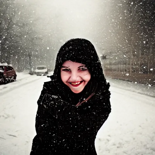 Image similar to a smiling goth girl on a snowy night, close-up, yellow street lights in the background