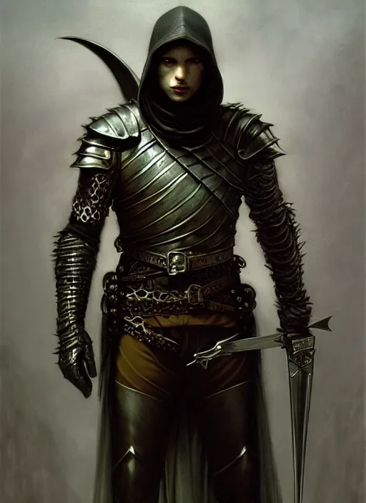 Image similar to male thief, dagger, leather armor, full body, hyper realistic, extremely detailed, dnd character art portrait, dark fantasy art, intricate fantasy painting, dramatic lighting, vivid colors, deviantart, artstation, by edgar maxence and caravaggio and michael whelan and delacroix.