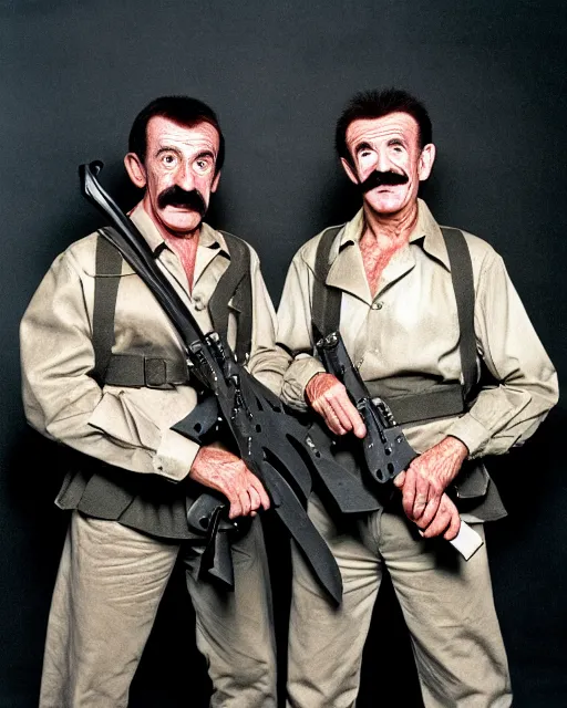 Image similar to full body 8 k photo of paul chuckle standing next to barry chuckle dressed as sas soldiers holding battle - axes, intricate, elegant, highly detailed, cinestill, dramatic lighting, sharp focus,