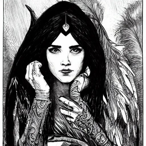 Prompt: romantic highly detailed ink drawing of young innocent jennifer connelly as youthful alien bird - woman, gothic wearing hooded dark cloak, morphing, modestly dressed, reading in library, gray skin, black feathers instead of hair, black feathers growing out of skin, bumpy skin, black hands with black claws, comic book, rough paper, mike mignogna, mucha