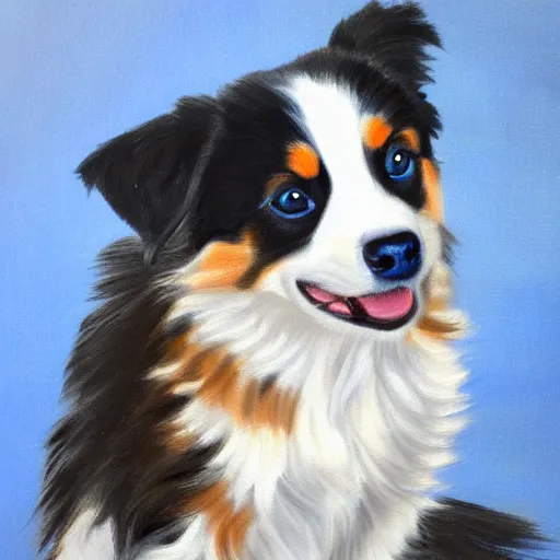 Prompt: painting of a blue eye, miniature australian shepherd with white grey brown and black fur