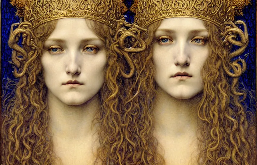 Image similar to detailed realistic beautiful young medieval queen face portrait by jean delville, gustave dore and marco mazzoni, art nouveau, symbolist, visionary, gothic, pre - raphaelite. horizontal symmetry