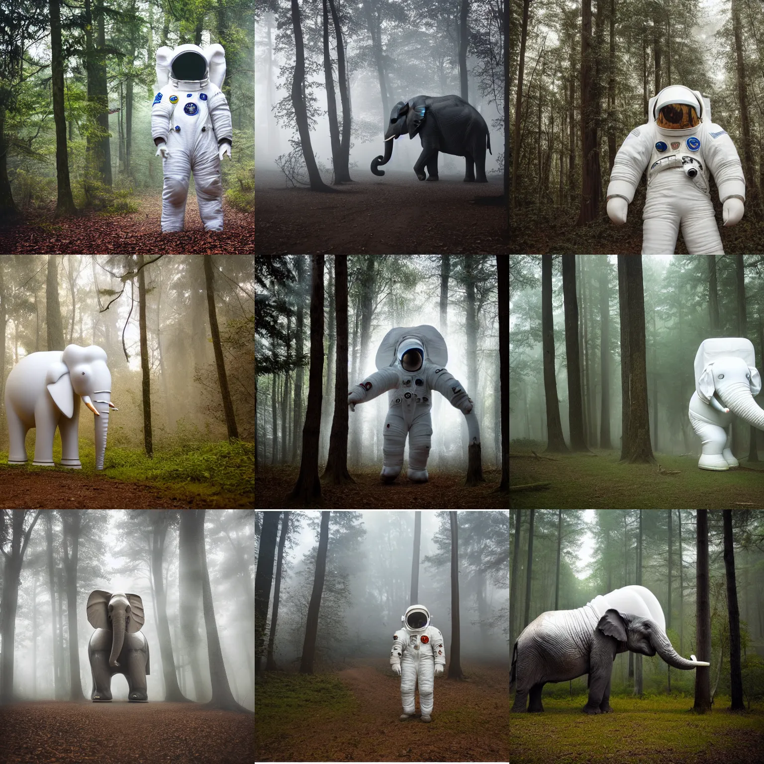 Prompt: giant elephant in white spacesuit as astronaut in the woods, foggy mood, overcast bokeh - c 8