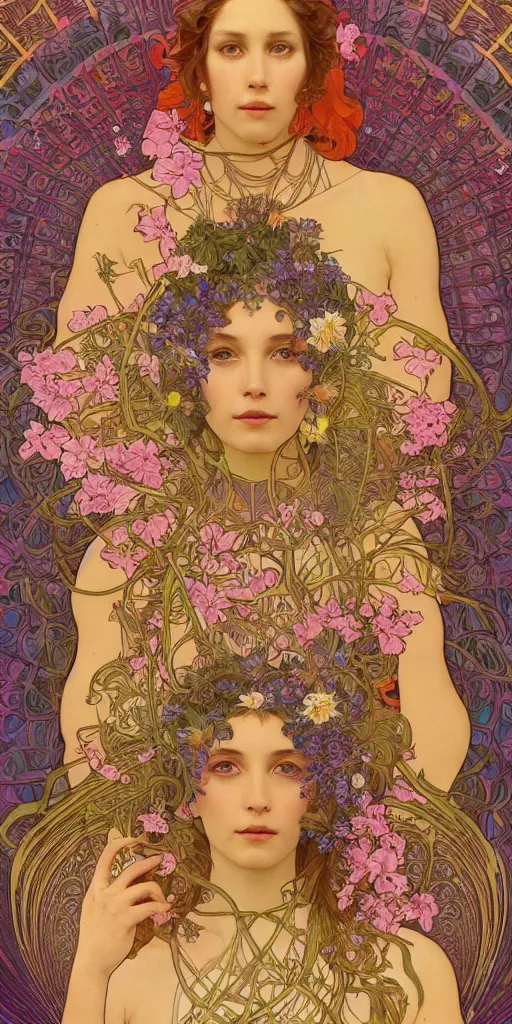 Image similar to a portrait painting of a singular beautiful female godess of spring, colorful flowers, holy geometry, tarot card style, by Mohrbacher and Moebius and Alphonse Mucha and Roger Deakins, cinematic lighting, masterpiece, golden ratio background, highly detailed, 8k resolution, trending on art station