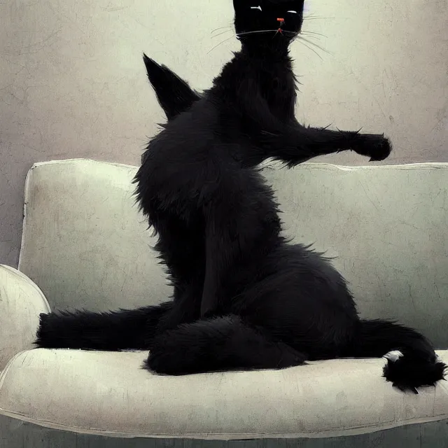 Image similar to a painting of a cute black cat on a couch. character design by cory loftis, fenghua zhong, ryohei hase, ismail inceoglu and ruan jia. volumetric light, detailed, rendered in octane