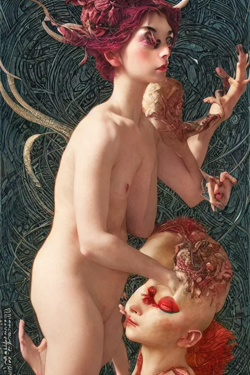 Image similar to a thiefling holding her imp frantisek kupka, intricate, miles johnston, kuroda seiki, cynical realism, ozabu, john william godward, painterly, yoshitaka amano, moebius, miles johnston, louise zhang, james jean, mark ryden