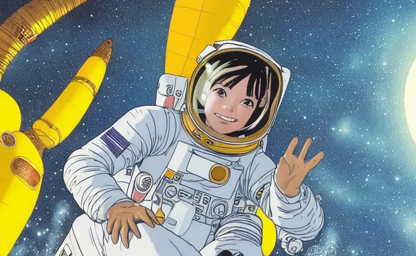 Prompt: yoko tsuno a female astronaut in jaxa yellow spacesuit floating in a scenic space environment next to spaceship, moebius
