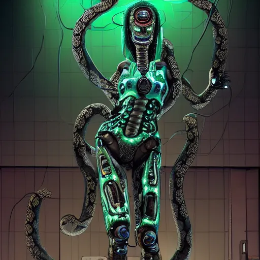 Prompt: the upper torso of a terminator gorgon medusa with borg implants and robotic snakes coming out of her head is hanging from cables and wires off the ceiling of a lab. Her bottom half is missing with cables hanging out. Tiny green led lights in her cybernetics. She is taking a sip from a cup of coffee. very detailed 8k. Horror cyberpunk style.