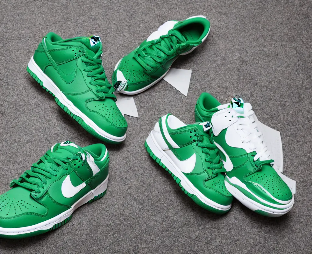 Image similar to a press photograph of nike dunk low pine green and white, size 1 0, white background