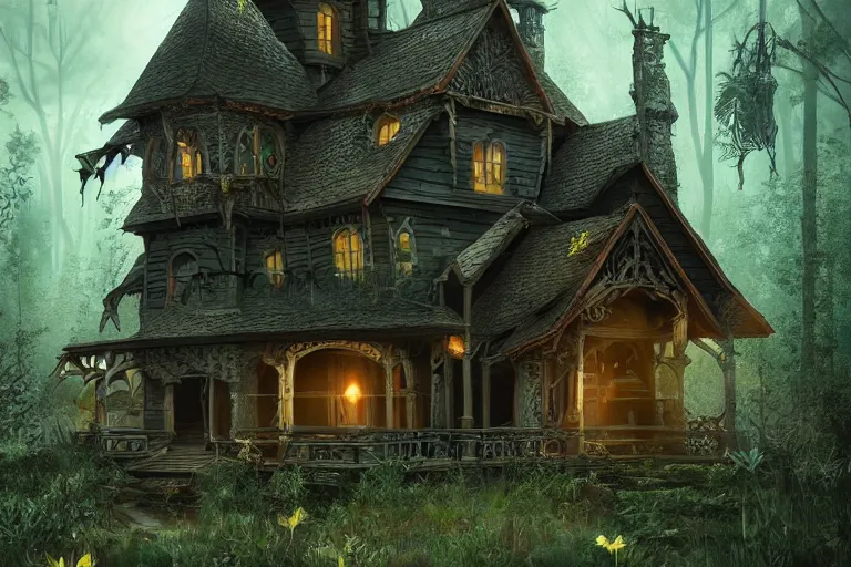 Prompt: [ dark house ] stands in the middle of a tumultuously overgrown forest trending on artstation cgsociety contest winner award winning 4 k intricate detailed golden ratio!!