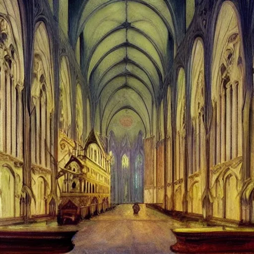 Image similar to a flooded gothic cathedral made of ivory and gold filigree, film still by edward hopper, by Bosch, by klimt, art noveau, highly detailed, strong lights, liminal, eerie, Bright pastel colors