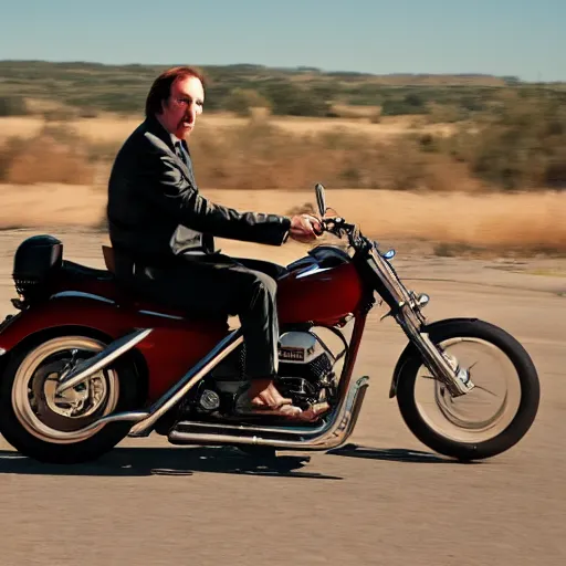 Image similar to A photo of Saul Goodman riding a motorcycle, highly detailed, 4k