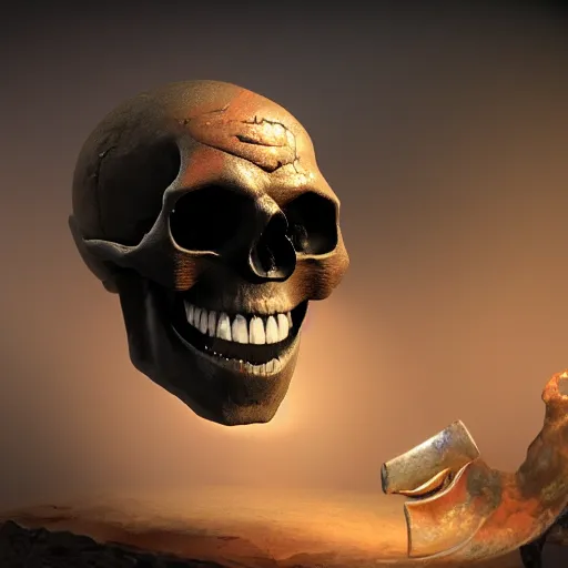 Image similar to a laughing skull, by Frank Frazetta, dark atmospheric, cinematic, trending on artstation, 4K, subsurface scattering, global illumination, raytracing, cinematic lighting, UHD, HDR