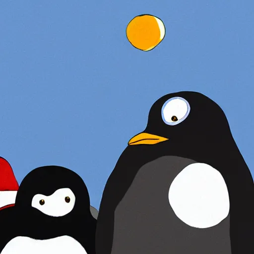 Prompt: an illustration of a penguin with sunglasses, watching other penguins in the north pole