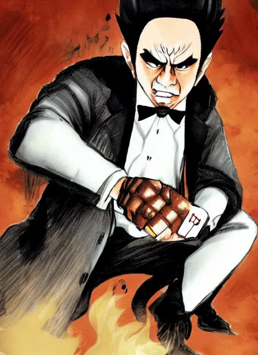 Prompt: heihachi mishima dressed formally, smoking a cigar, drawn in the style of keisuke itagaki