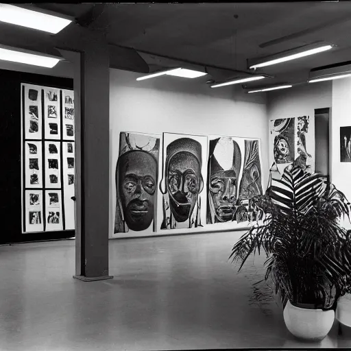 Prompt: A black and white photography of an exhibition space with works of Sun Ra, Marcel Duchamp and tropical plants, 60s, offset lithography print, newspaper, distant shot