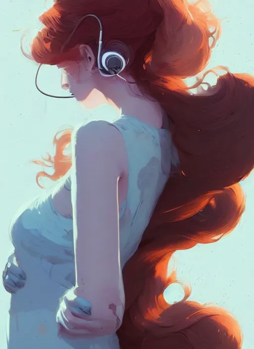 Image similar to beautiful artistic - wave highly detailed full body portrait female, with head phones, long red hair, perfect body anatomy, by atey ghailan, by greg rutkowski, by greg tocchini, by james gilleard, by joe fenton, by kaethe butcher, dynamic lighting, gradient light blue, brown, blonde cream and white color scheme, grunge aesthetic