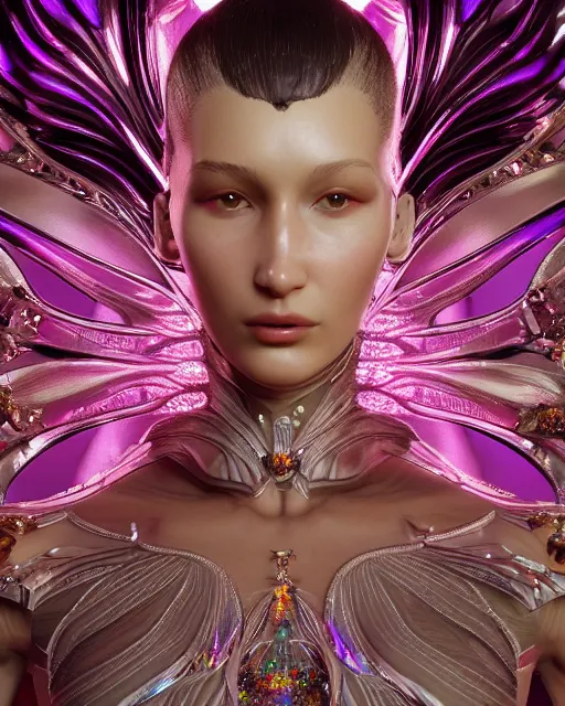 Image similar to a highly detailed metahuman 8 k close up render of bella hadid evangelion renaissance in iris van herpen dress schiaparelli in diamonds crystals swarovski and jewelry iridescent in style of alphonse mucha gustav klimt trending on artstation made in unreal engine 4