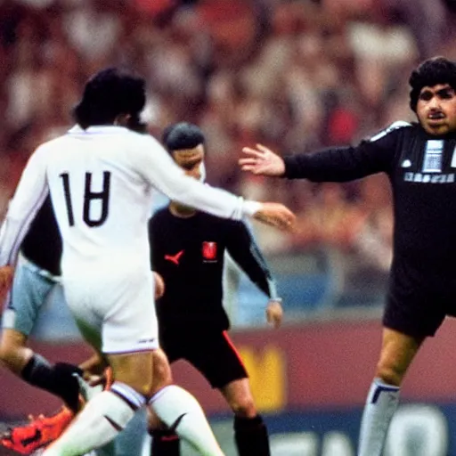 Prompt: Maradona scores penalty kick on Darth Vader, highly detailed