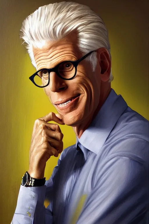 Image similar to a painting of ted danson in the good place, art by diego fazio, robin eley