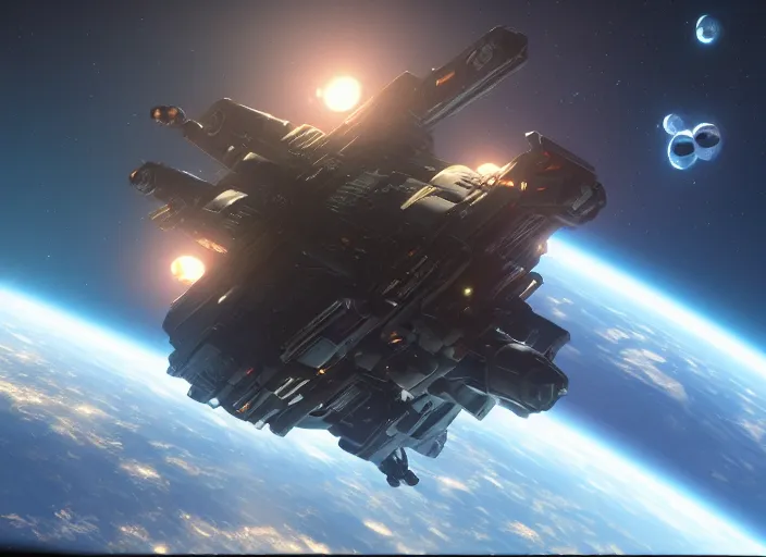 Image similar to still of star citizen's freelancer orbiting a planet, 8 k, unreal engine, nvidia 3 0 8 0 graphics