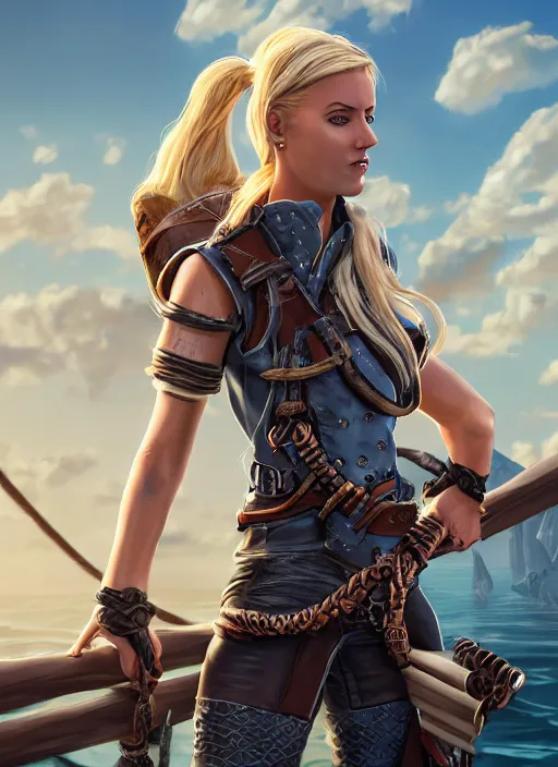 Image similar to An epic fantasy comic book style portrait painting of tall blonde haired female sky-pirate with a serious face and a pony tail in front of a metal gangplank in the style of the wheel of time, unreal 5, DAZ, hyperrealistic, octane render, cosplay, RPG portrait, dynamic lighting