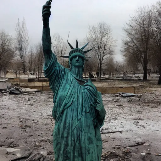 Image similar to liberty statue ruined down, post apocalyptic