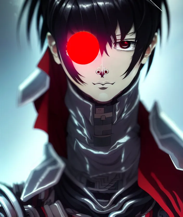 Image similar to a detailed manga character portrait of a dark haired silver cyborg anime man with a red mechanical eye wearing a tattered brown cape, trending on artstation, digital art, 4 k resolution, detailed, octane render, high quality, sharp focus, hq artwork, insane detail, concept art, character concept, character illustration, full body illustration, cinematic, dramatic lighting