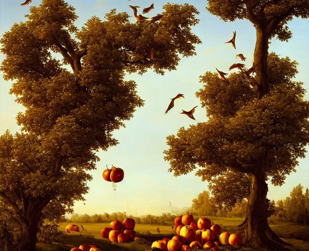 Prompt: Apple harvesting cranes stand on the side of an apple tree, classical painting, symmetrical, realism, golden hour
