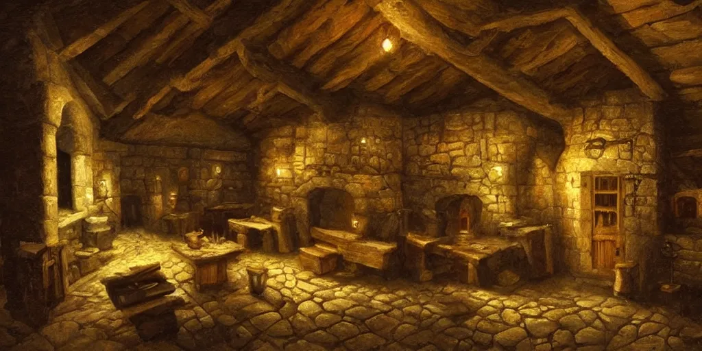 Image similar to medieval cottage interior at night, fantasy