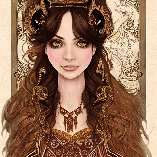 Image similar to A beautiful detailed portrait of a young beautiful female fantasy sorceress with fair skin and long dark brown hair dressed in ornate magical clothing by Kirbi Fagan, trending on artstation