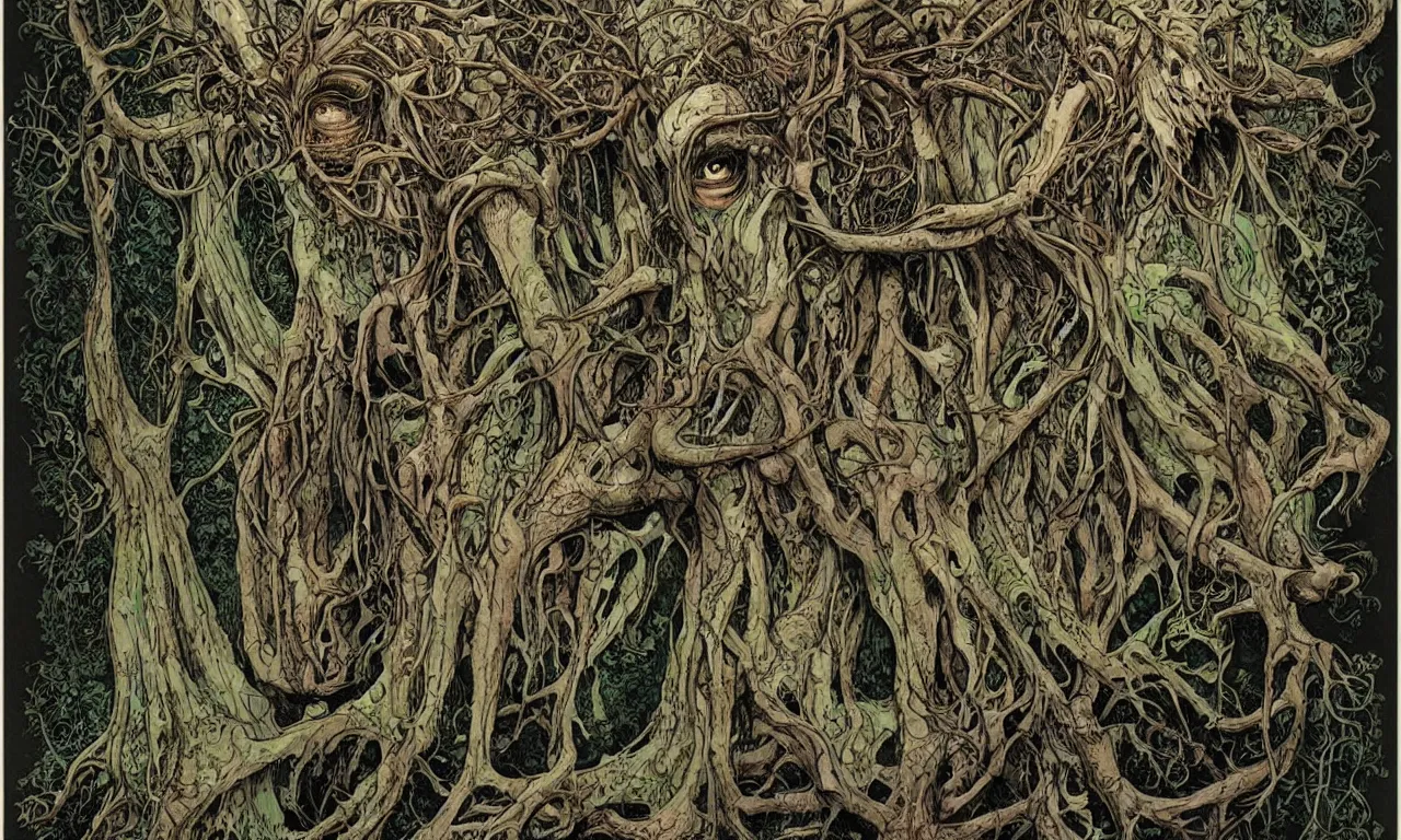 Image similar to hyperdetailed art nouveau portrait of treebeard and old groot as a cthulhu eyeball moose skull wendigo swamp thing creatures, by michael kaluta, pushead and bill sienkiewicz, photorealism, claws, skeleton, antlers, fangs, forest, wild, bizarre, scary, lynn varley, lovern kindzierski, steve oliff