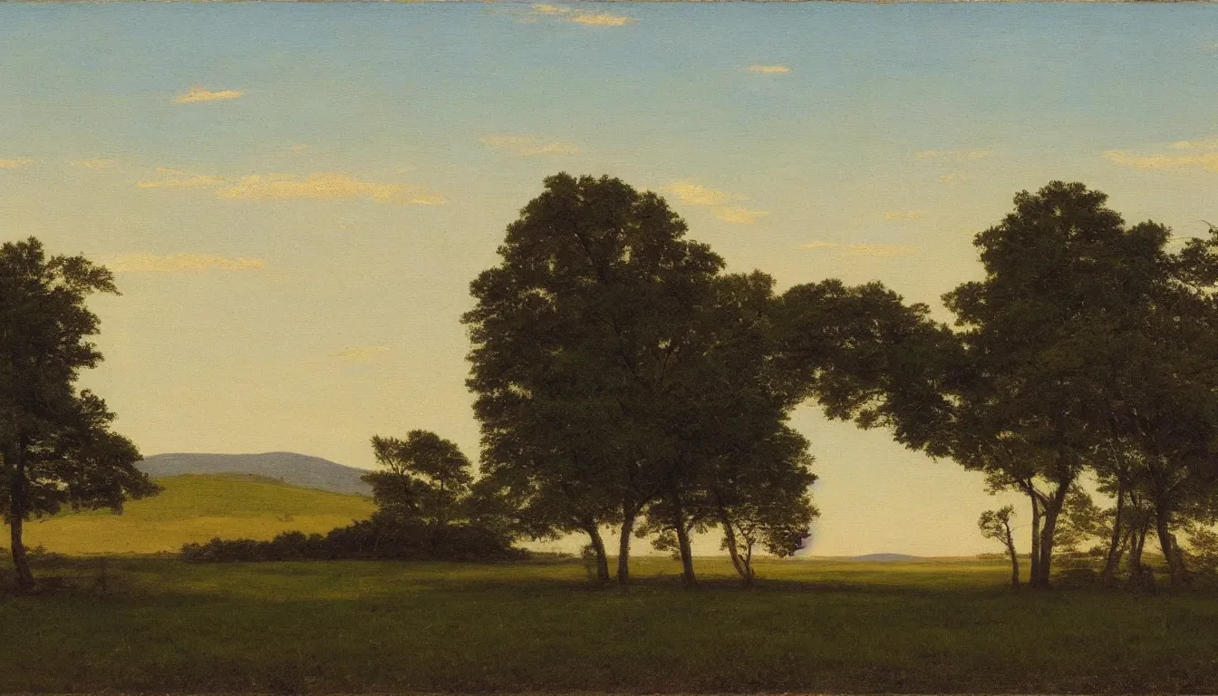 Prompt: flat expanse of grass, clear skies, Hudson River School