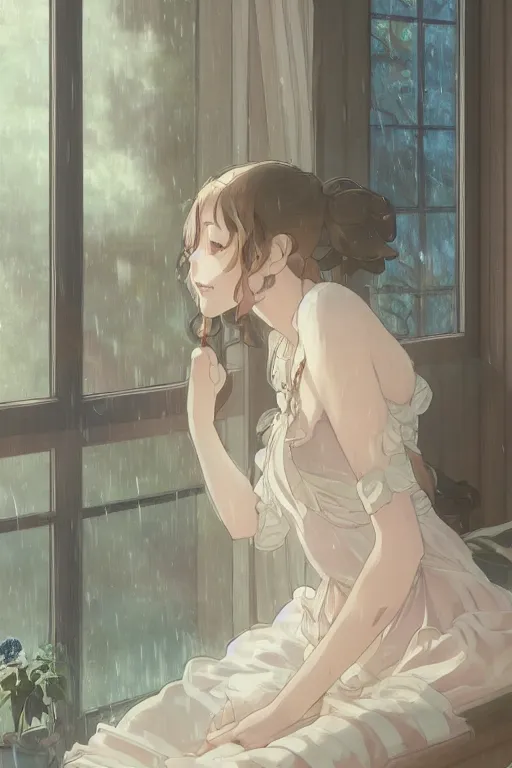 Prompt: a girl in a maid's outfit in the bedroom typing front the notebook a night, raining outside the window, wavy white long hair, by krenz cushart and mucha and akihito yoshida and makoto shinkai and greg rutkowski, 4 k resolution