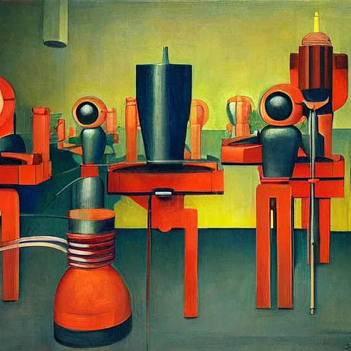 Prompt: robots assembly line, turbine, power plant, art deco, pj crook, edward hopper, oil on canvas