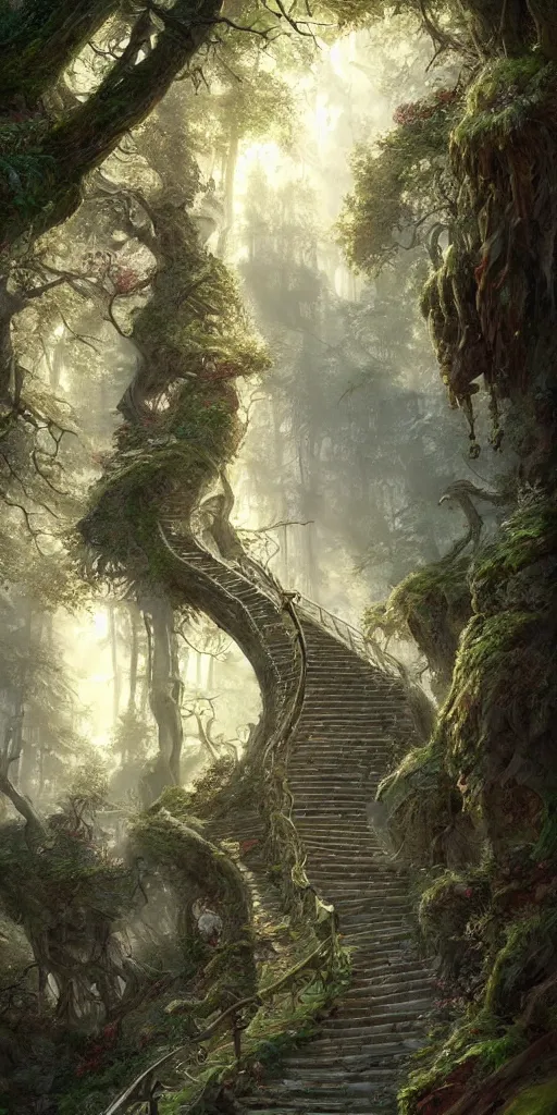 Image similar to a man walking up a steep and winding staircase, in magical woods, intricate, elegant, highly detailed, unreal engine, artstation, concept art, sharp focus, beautiful illustration, society, by justin gerard and artgerm, 8 k