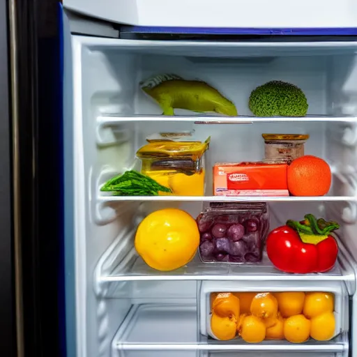 Image similar to fridge full of food, highly detailed, high quality, HD, 4k, 8k, Canon 300mm, professional photographer, 40mp, lifelike, top-rated, award winning, realistic, sharp, no blur, edited, corrected, trending