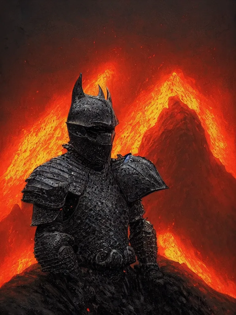 Image similar to hyper-realistic portrait of the King of the mountains, medieval dark knight in black armour, dark environent, magma and lava, throne of lava, dark mountain environment, horrifying, D&D, fantasy, intricate, cinematic lighting, highly detailed, digital painting, artstation, concept art, smooth, photorealistic, cinematic wallpaper, art by Artgerm and Greg Rutkowski and Alphonse Mucha