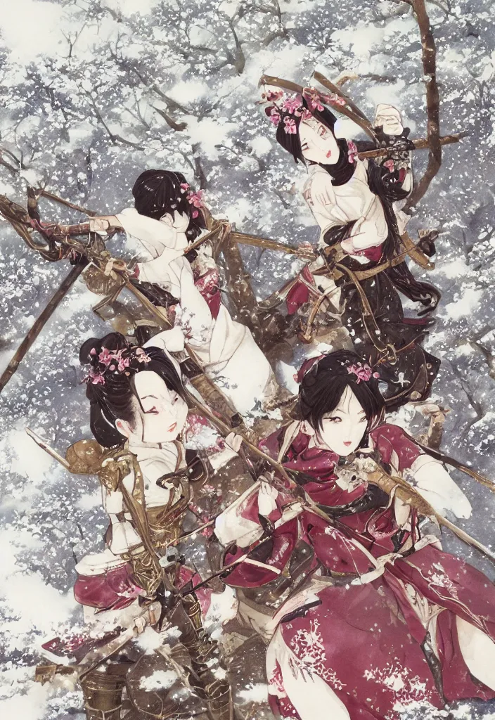 Image similar to fighting scene from a far of steampunk girl samurai with swords and tachi and bow and arrow and armor and rifle and cross bow combat pose in snow forest sakura cherry blossom swan hakama kimono trending on artstation takato yamamoto krenz cushart