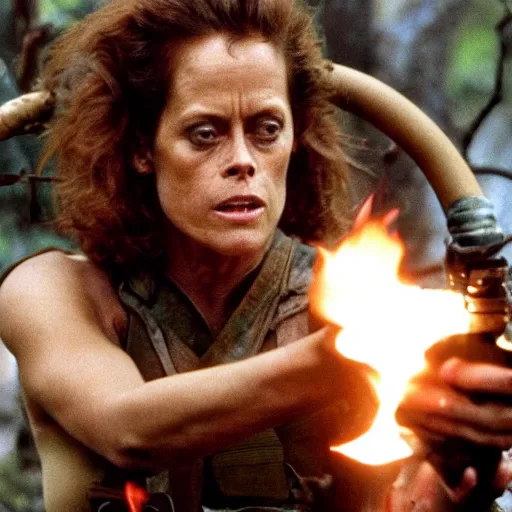 Prompt: film still of a mud - covered sigourney weaver as major dutch holding a flame thrower and hiding behind a rock from the predator in predator 1 9 8 7, hd, 8 k