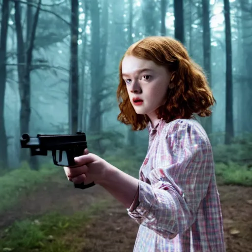 Image similar to Sadie Sink (Maxine Mayfield) for Stranger Things holding a gun and running in a forest, dramatic lighting, cinematic, establishing shot, extremely high detail, photo realistic, cinematic lighting