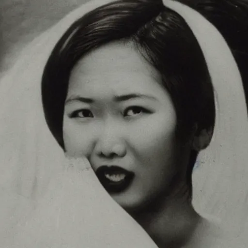 Image similar to vintage photograph of indonesian female singer, haunting expression